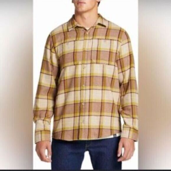 NWT Alpine Men’s Brushed Flannel Long Sleeve Shirt Brown Yellow Plaid - Size L - Picture 1 of 6